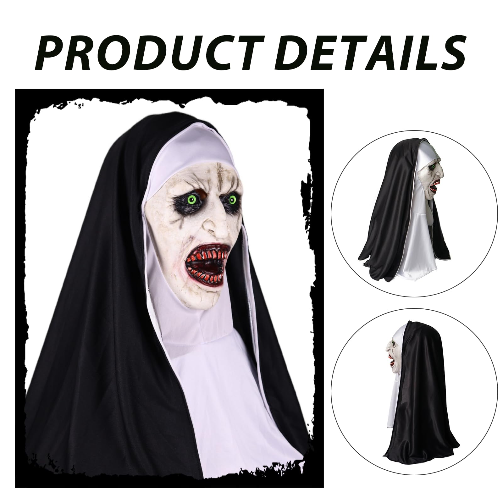 SSKHE Halloween Horror Nun Mask, Full Head Scary Latex Mask with Headscarf - Image 3