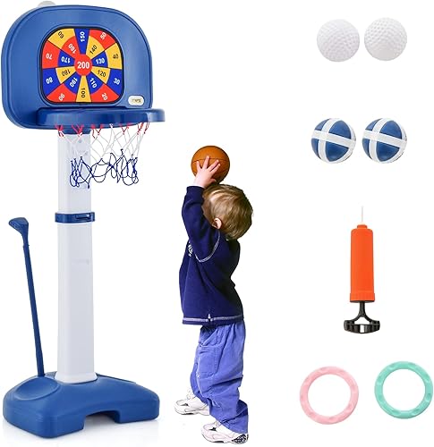 Costzon Aro de baloncesto para niños, centro de actividades deportivas 4 en 1 con 5 alturas ajustables, juego de mesa de dardos, anillo de