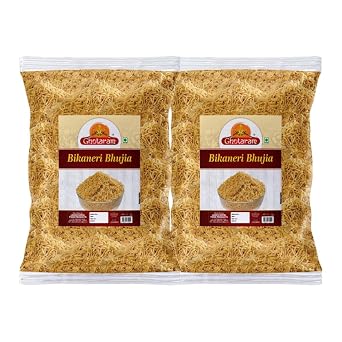 Ghotaram Aslee Bikaner ki Bikaneri Bhujia Namkeen bhujia sev No Artificial Colours, Bikaneri Bhujia Low Fat bikaneri bhujia sev Namkeen with Dew beans,gram flour and indian Spices-150g*2Pack