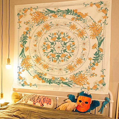 Simpkeely Mandala Clara Floral Medallion Tapestry, Sketched Flower Plant Boho Wall Hanging, Bohemian Tapestries for Bedroom Living Room Dorm Home Décor 59.1 x 59.1 Inches (Yellow) - Thumbnail 4