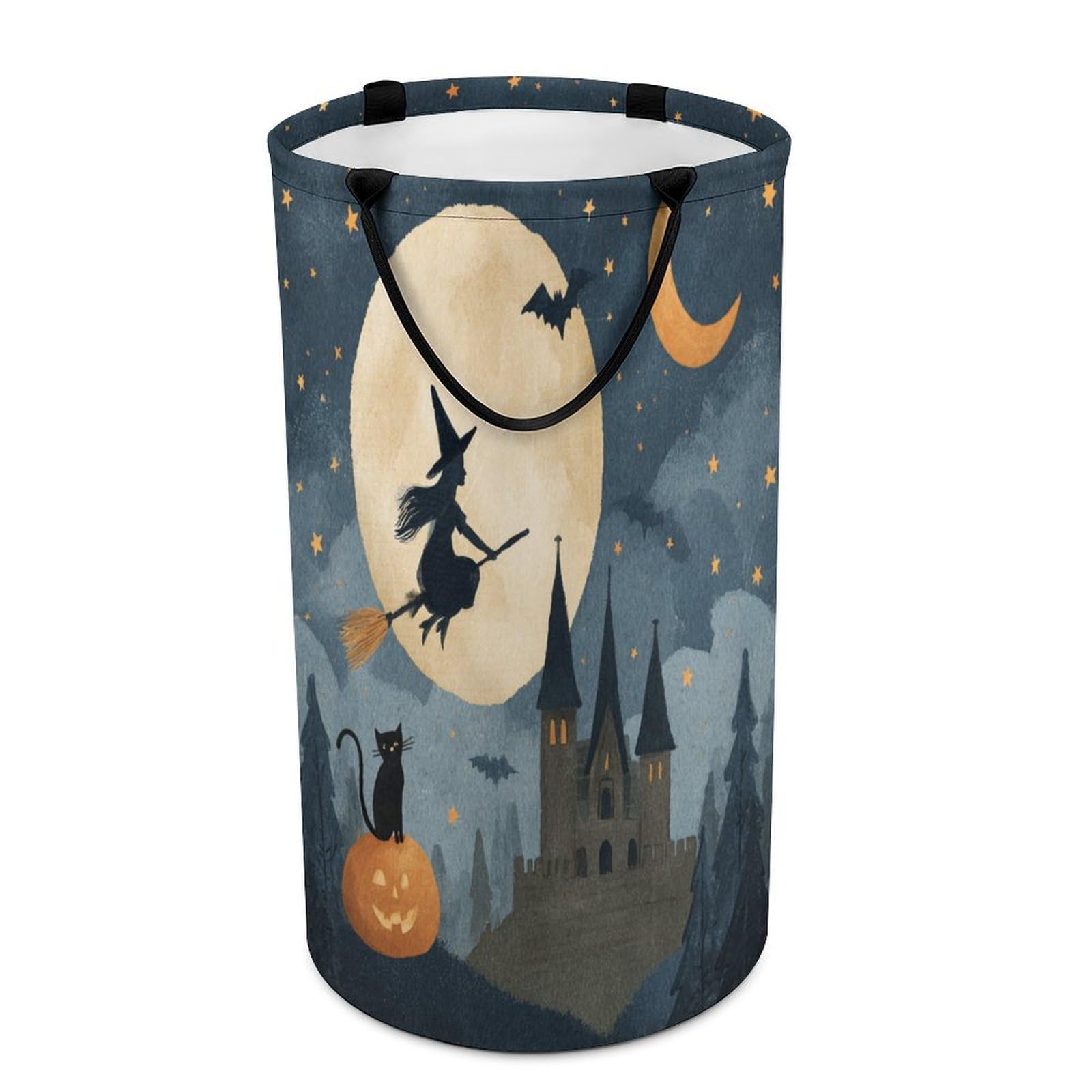 LUYYSKY Beautiful Retro Witch Silhouette Collapsible Dirty Clothes Basket, Rustic Abstract Full Moon Halloween Castle Black Cat Pumpkin Portable Clothes Storage Basket