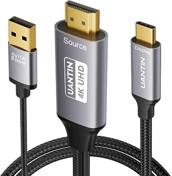 UANTIN 4K HDMI to USB C Cable Adapter with USB Power Not Charging for Device Uni-Directional HDMl Source to Type-C Screen Cord for XR/AR Glasses,PS5,Portable Monitors