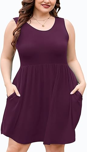 Miniatura 6 de AusLook Vestido de verano de talla grande para mujer, casual, sin mangas, cuello redondo, plisado, babydoll con bolsillos, 1X-5X