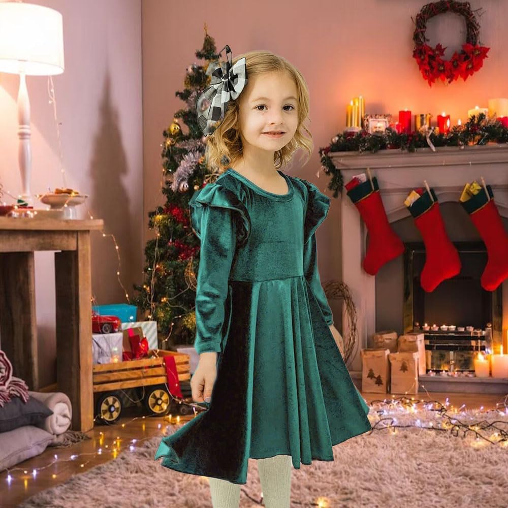 Girls Velvet Dress Ruffled Long Sleeve Casual Spring Fall Dress Princess Christmas Party Dress Winter Outfits - Image 2