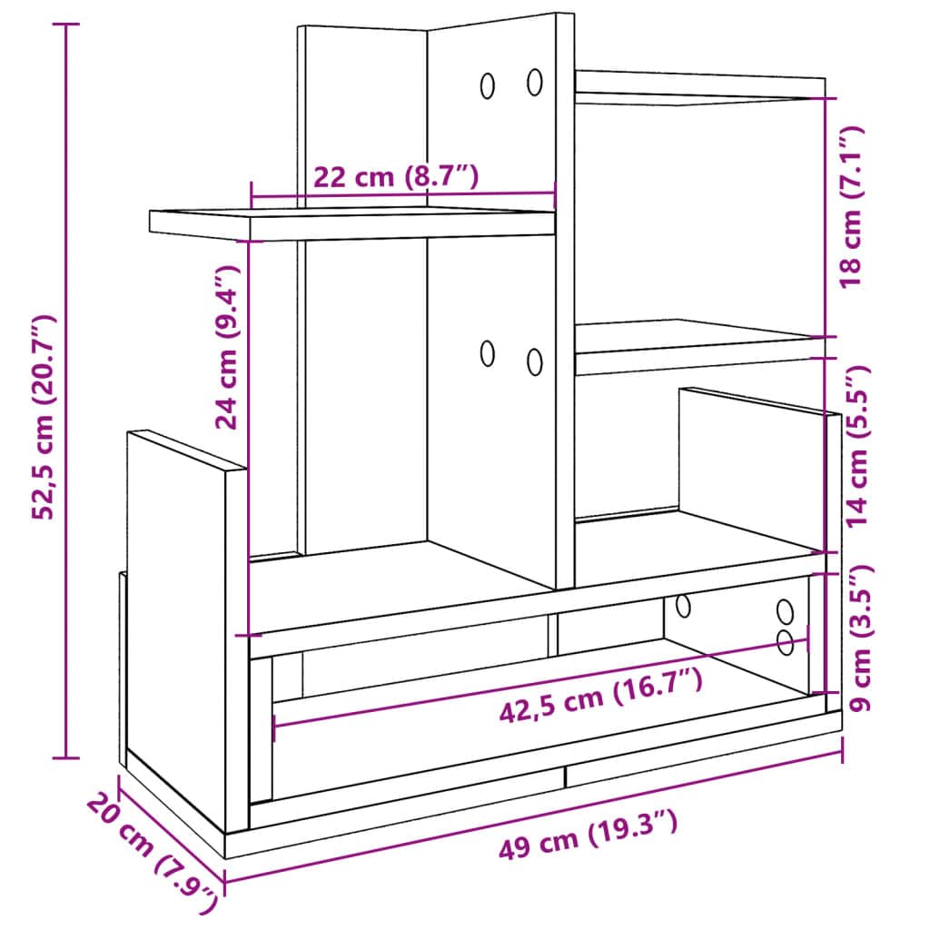 Schreibtisch-Organizer Eichen-Optik Holzwerkstoff 49x20x52,5 cm mit Fächern Ablagefach Stifthalter für Büro Homeoffice Schule Organisation Struktur platzsparend
