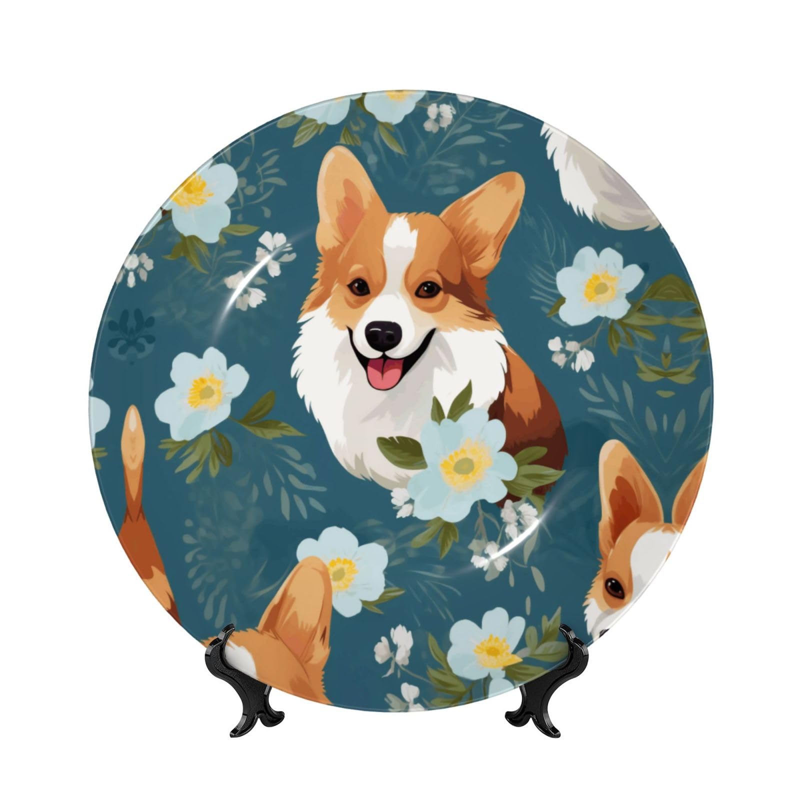 SXZVVBN Corgi On Blue Background Bone China Decorative Plate Art with Stand Removable Adhesive Hanging for Home Office 7in