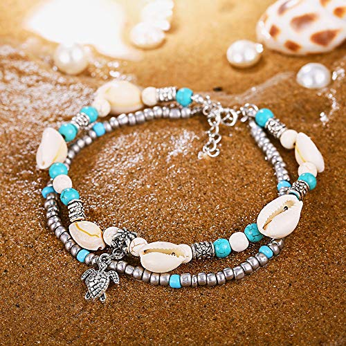 Image of Softones Blue Starfish Turtle Anklet Multilayer Charm Beads Sea Handmade Boho Anklet Foot Jewelry for Women