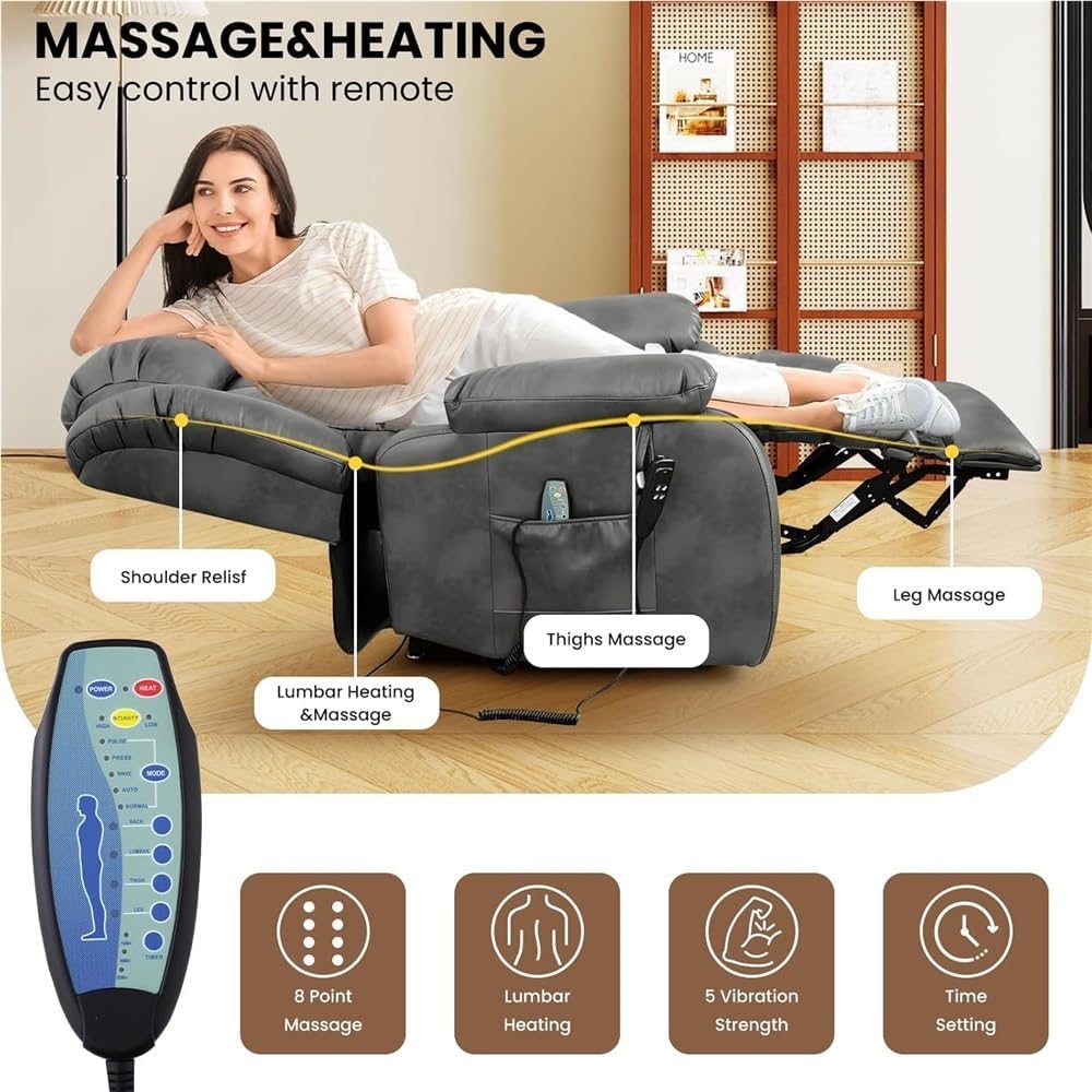 Large Electric Power Lift Recliner Chair with Heating and Vibration Massage Adjustable Headrest Motorized Sofa with Extended Footrest USB Ports Side Pockets for Bedroom