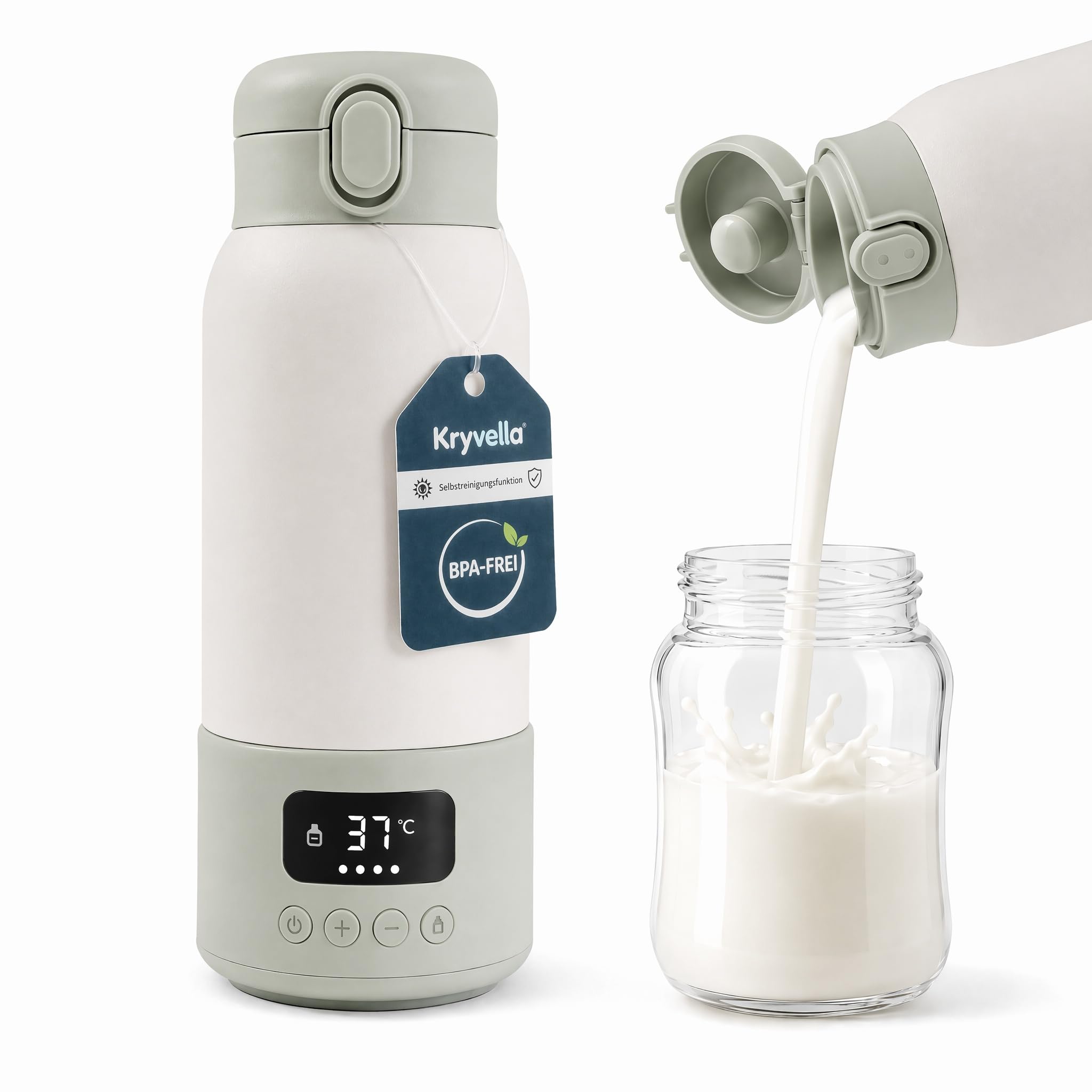 Flaschenwärmer Baby unterwegs mit Akku, tragbar, 500ml für Wasser & Milch | 316 Edelstahl Innenbehälter, präzise Temperaturregelung 35-70°C, 24h Warmhaltefunktion und USB-C Schnellladung