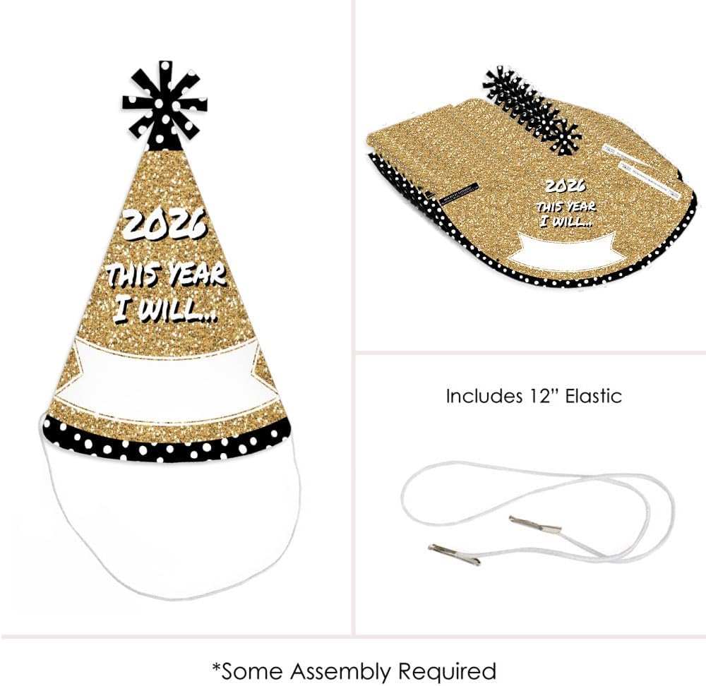 Big Dot of Happiness Pop, Fizz, Clink! - Cone Party Hats - 2026 New Year's Eve Resolution Cone Party Hat for Kids and Adults - Set of 8 (Standard Size) - Image 6