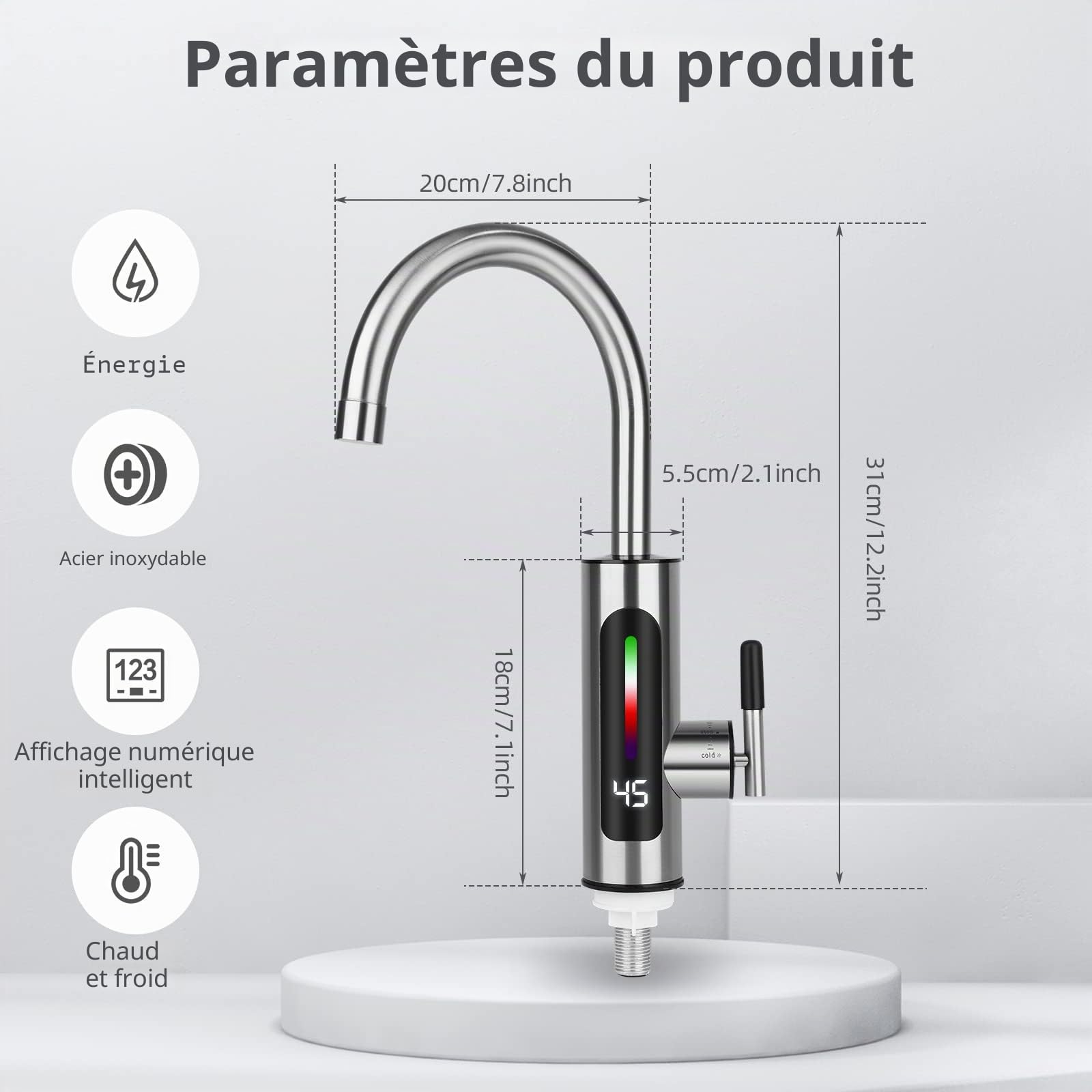 Robinet d'eau Chaude et Froide en Acier Inoxydable avec Affichage LED et Chauffe-eau Instantané, Rotatif à 360°