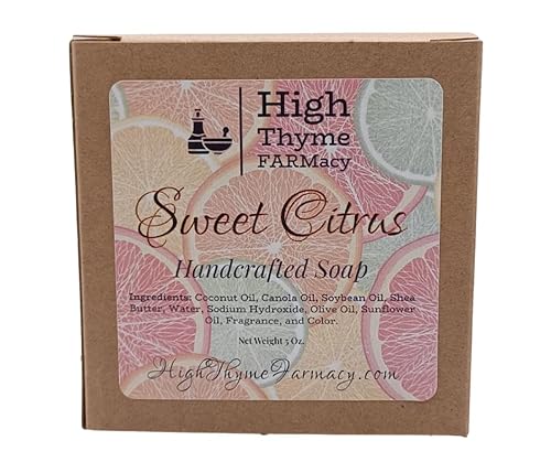 High Thyme Farmacy Sweet Citrus Handmade Soap - 5 Ounce Citrus Scented Natural Bar Soap - Lime, Lemon, And Sweet Orange Scented Lye Soap - Non Toxic Hand Soap - Orange, Lime & Lemon Soap Bar #TOP5