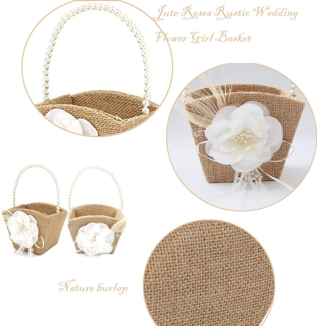 Burlap Wedding Flower Girl Basket Vintage Flower Basket Jute Roses Rustic Wedding Flower Girl Basket With Lace Satin Wedding Party Decoration (Flower-2pcs)