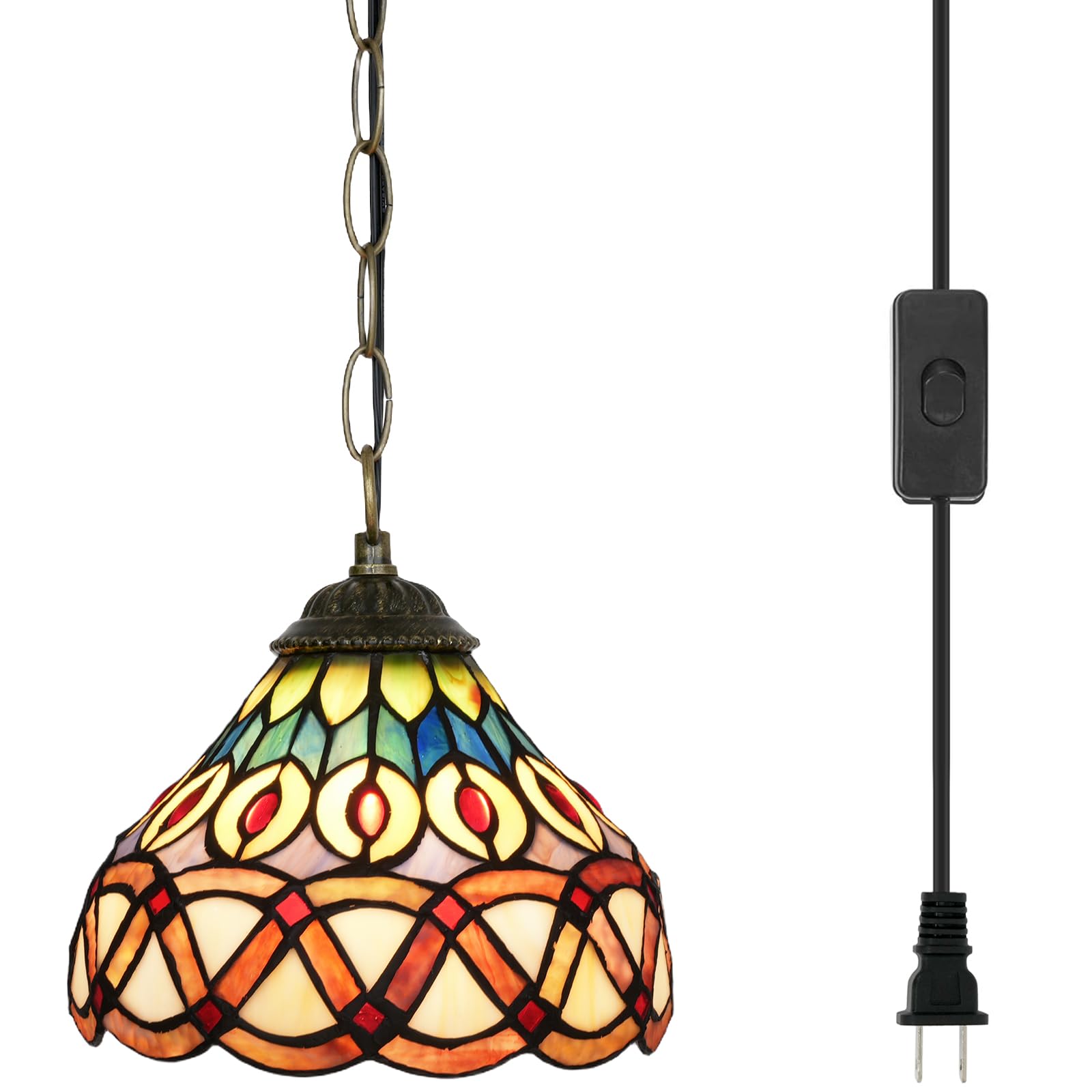 Blivuself Tiffany Pendant Light 8 Inches Stained Glass Hanging Lamp Wide Yellow Peacock Tail Height Adjustable Hanging Light for Home Living Dining Room Hallway Kitchen Island — image 1