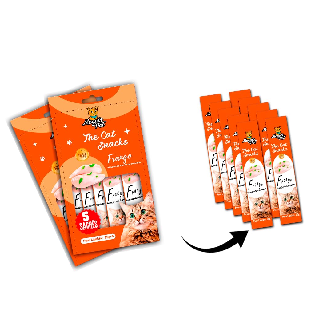 Kit10 Petisco Snack Cremoso MeguisPet para Gatos Sabor frango 1+1 = 2 Pacotes = 10 saches