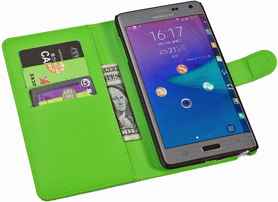 Note Edge Case for Samsung Galaxy SM-N915 Cell Phone Made of PU Faux Leather, Wallet Protects and Stores Cards ID and Money in Slots, Stand Folds Out for Hands Free Side Viewing, Magnetic Closure, Highest Quality and Perfect Fit for Note Edge Mobile Phone N915 N915A N915T N915P N915V Luxury Fashion Folio Holster Flip Cover, Available in Many Colors (Green)