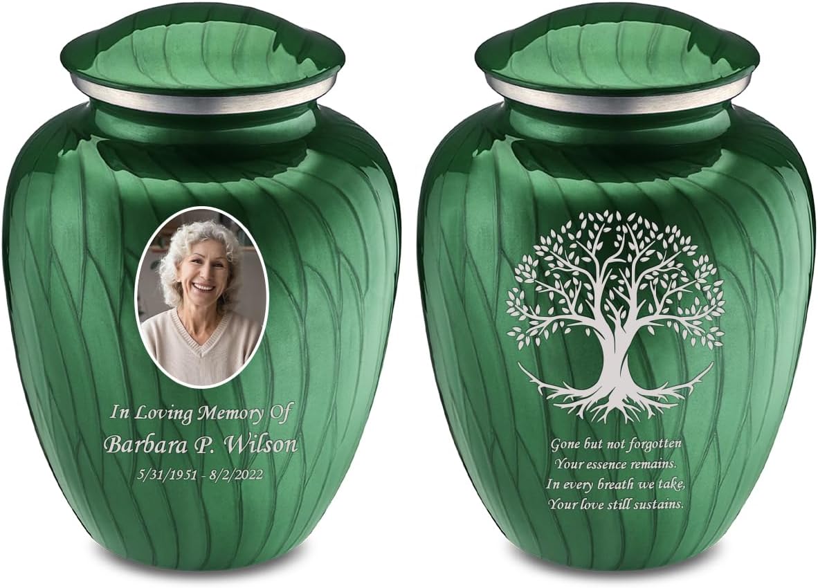 Geturns Embrace Adult Personalized Tree of Life Cremation Urns for Human Ashes I Large Picture Pearl Green Funeral Urn for Adult Men and Women with Double Side Engraving I 200 lbs