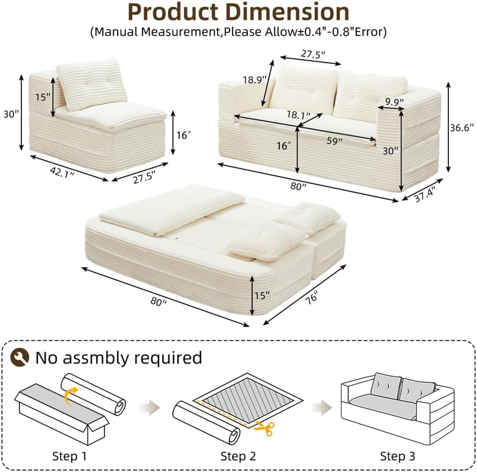 80" King Size Convertible Sectional Sofa Bed, 3-in-1 Folding Floor Couch with Convertible Chaise Lounge, Plush Corduroy Sleeper Sofa for Living Room and Bedroom, No Assembly Required (Beige)