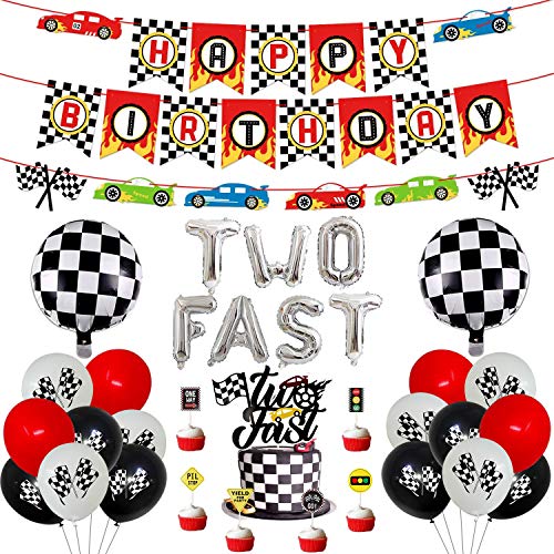 48 Pcs Two Fast Birthday Party Supplies, Racing Car Themed Party Supplies Set - Checkered Pennants Banner, Chequered Flags Balloons and cake topper for Kids' 2nd Second Birthday Party Decoration