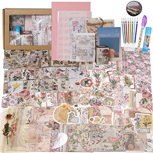 Urradia 483Pcs Vintage Scrapbook Supplies Kit, Retro Floral Scrapbook Paper Flower Stickers Pink Scrapbooking Paper Journaling Kit Diy Crafting Papers A5 Scrapbook Tape Glue For Bullet Junk Journals #TOP11