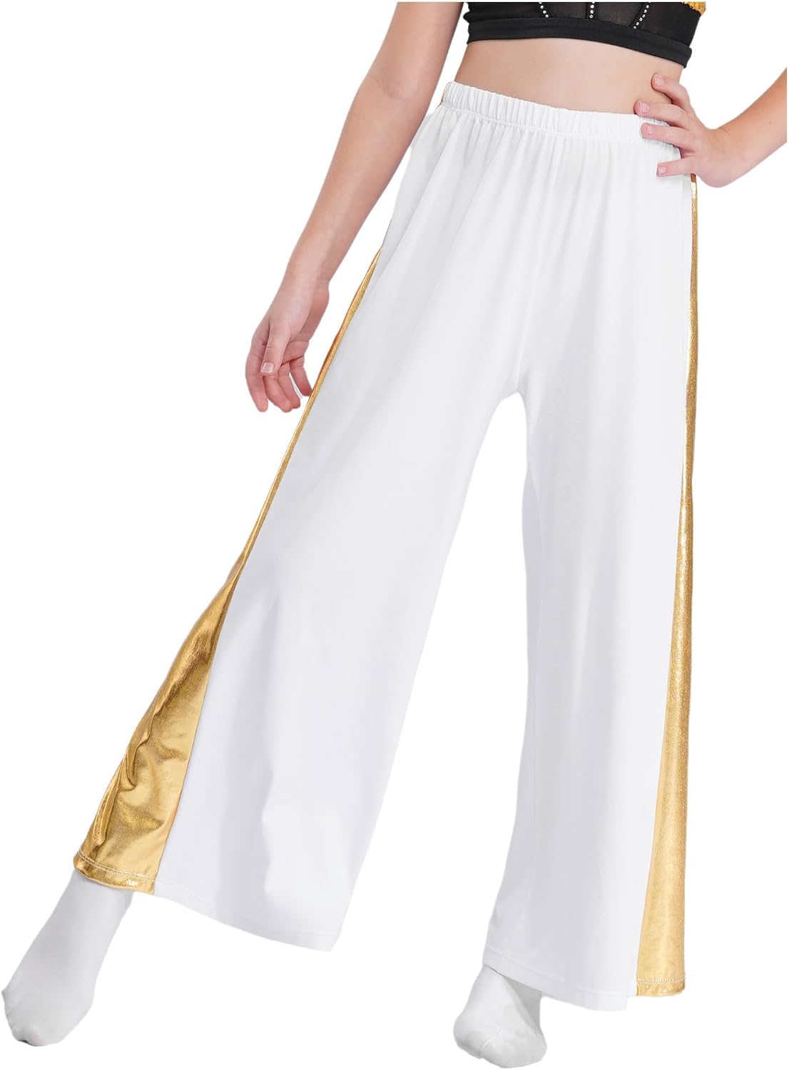 Kids Girls Church Robe Lyrical Worship Outfits Metallic Liturgical Praise Dance Dress with Wide Leg Pants