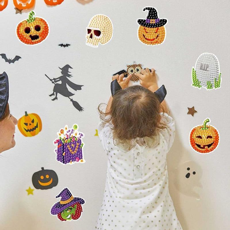 Miniatura 7 de MEGZIHXN Kit de calcomanías artísticas de diamantes para niños, calabaza de Halloween, gato negro, araña, bolsa de regalo, fantasma, piao, pintura