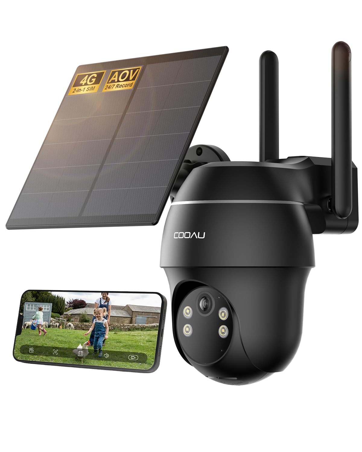 COOAU 24/7 Recording, 4G AOV Solar Outdoor Surveillance Camera, with Wireless Solar Panel, 360° PTZ, AI Detection, People Tracking and 30 Meters Night Vision, Includes eSIM