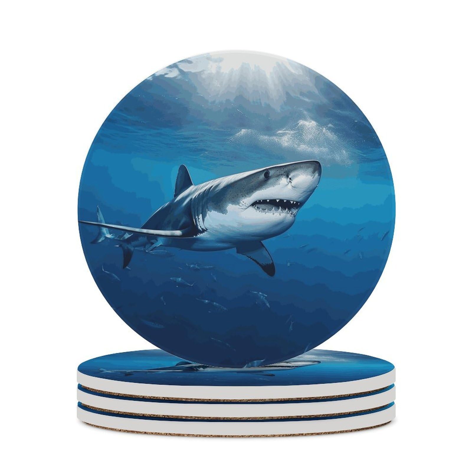 Ocean Sea Animal Shark Coaster with Cork Base Drink Coasters for Coffee Table Decor Modern Cup Coasters with Non-Slip & Heat-Resistant Cute Ceramic Table Coaster for Home Dining