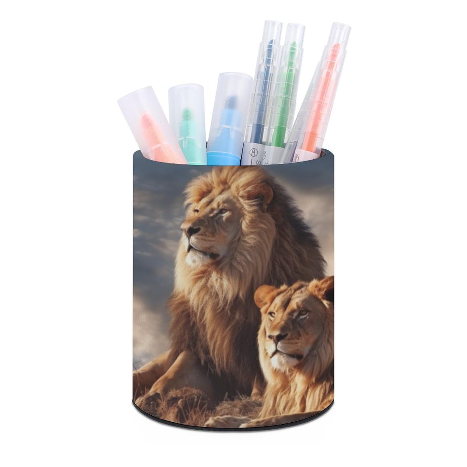 JTREHY Round Pen Holder,Two Lions Printed Makeup Brush Storage Box Desktop Stationery Storage Cup Office Accessories Storage Box Pencil Storage Box for Home Office Dressing Table