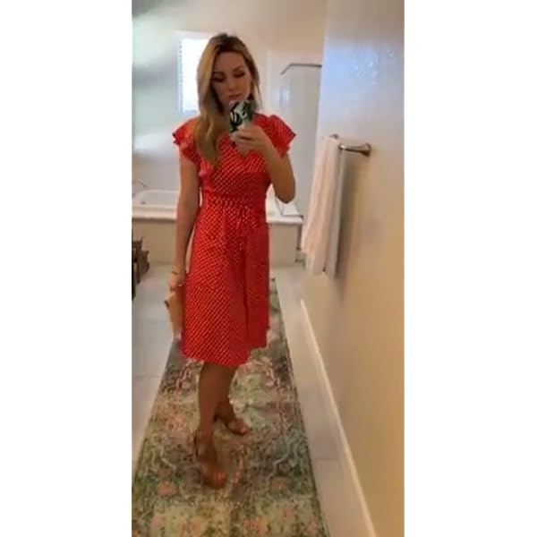 MITILLY Women's Boho Polka Dot Flutter Short Sleeve V Neck Button Down Swing Midi Dress with Pockets Medium Dark Blue