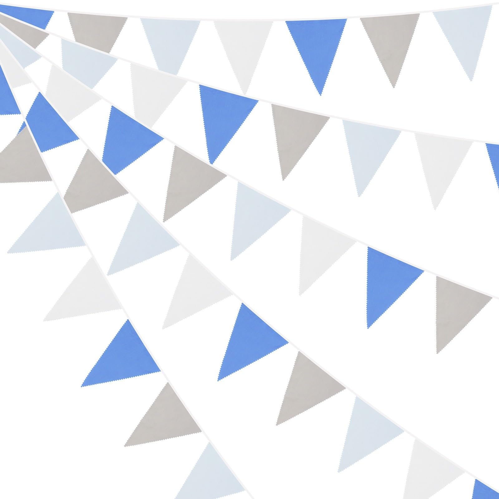10M Fabric Bunting Decor with 36 Cotton Pennants for Wedding For Birthday Baby Shower Garden Party and Home Decoration (Blue Gray White)