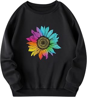 YuzRong Women's Blouses & Shirts Womens Autumn Winter Round Neck Sun Flower Print Fleece Loose Fit Sweater Soft Stretchable Comfortable Plus Sizes