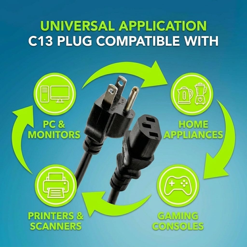 Rebuild Skills 16AWG 25FT 5PK - 16/3 Longer Length C13 Power Cord for Universal Computer Monitors, Printers, Scanners, Projectors, Powered Speakers, Stage Amplifiers, and Home Office