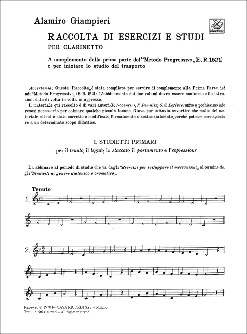 Alamiro Giampieri | Raccolta di esercizi e studi per clarinetto solo | Metodo didattico classico con studi progressivi | Tecnica, articolazione e musicalità | Per studenti e insegnanti | In italiano
