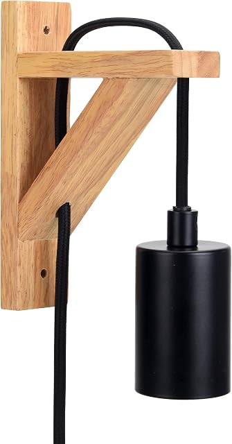 SHINY STAR Vintage Wall Light, Wooden Wall Light Sconce Indoor Light with Plug-in and Long Cable Black Braided Cable Wall Light Fixtures E27 Bulb Base Wall Light for Living Room HT207WPB