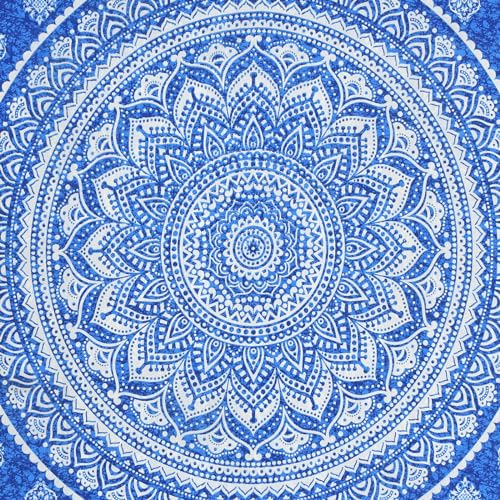 Image of RajasthaniKart 144 TC Pure 100% Cotton Double Bed Sheet with 2 Pillow Covers (Bedsheet for Double Bed Cotton, Blue Star Jaipuri, King Size,5296)