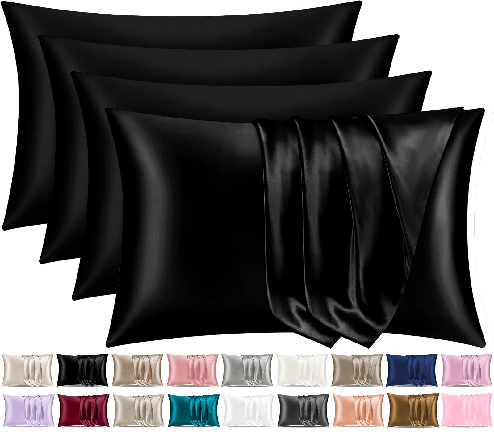 Pamposh Black Satin Silk Pillowcases For Hair And Skin 4 Pack Standard Size With Envelope Closure (4 Pcs Pillowcases (50 X 75 Cm), )