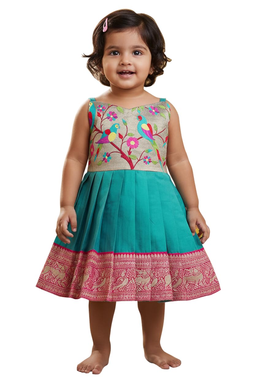 South Indian Traditional Pattu Pavadai Jacquard Frock Dress for Baby Girls-image-48