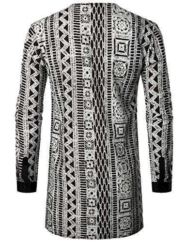 Lucmatton Men's African Traditional Pattern Printed Hidden Button Long Sleeve Dashiki Shirt With Pocket Black White Large #TOP1