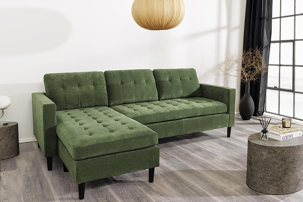 Ecksofa STOCKHOLM - 220cm - grün - Cordstoff - Federkern Rundum-Bezug | Ottomane links oder rechts montierbar, Taschenfederkern, skandinavischer Stil, pflegeleicht, belastbar bis 120 kg