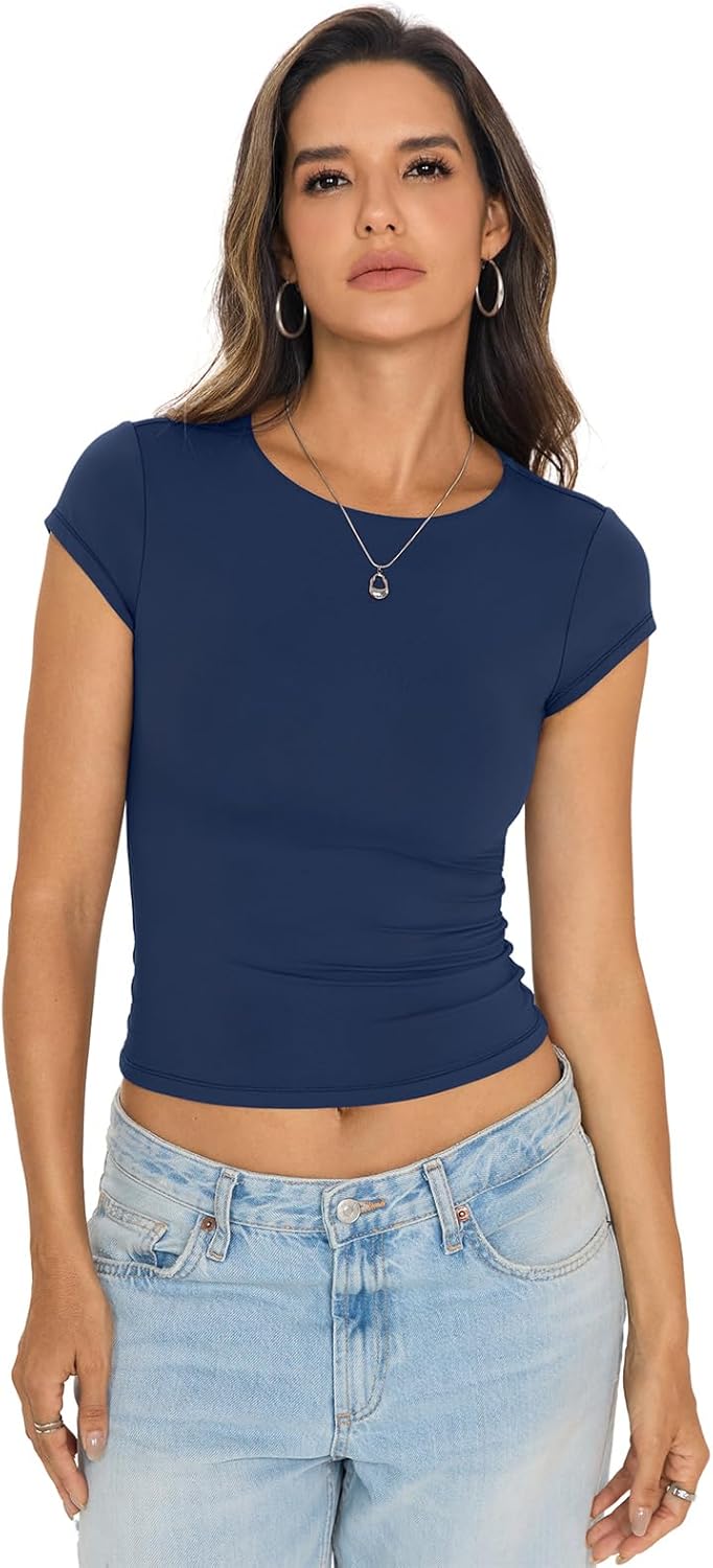 Womens Double Lined Tops Cropped Cap Sleeve Shirts Crew Neck Fitted Baby Tee Y2k Summer Clothes 2026 - Image 5