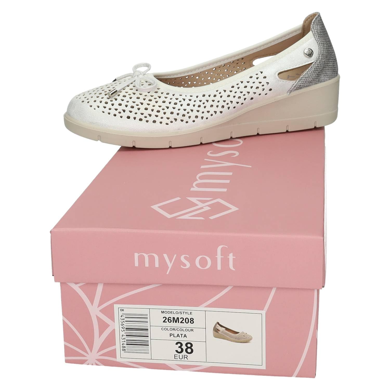 26M208 Manoletinas con cuña para Mujer, en Color Perla, con Lazo y Plantilla Extraible, cómodas, Ligeras Ideales para Verano Mujer Manoletinas