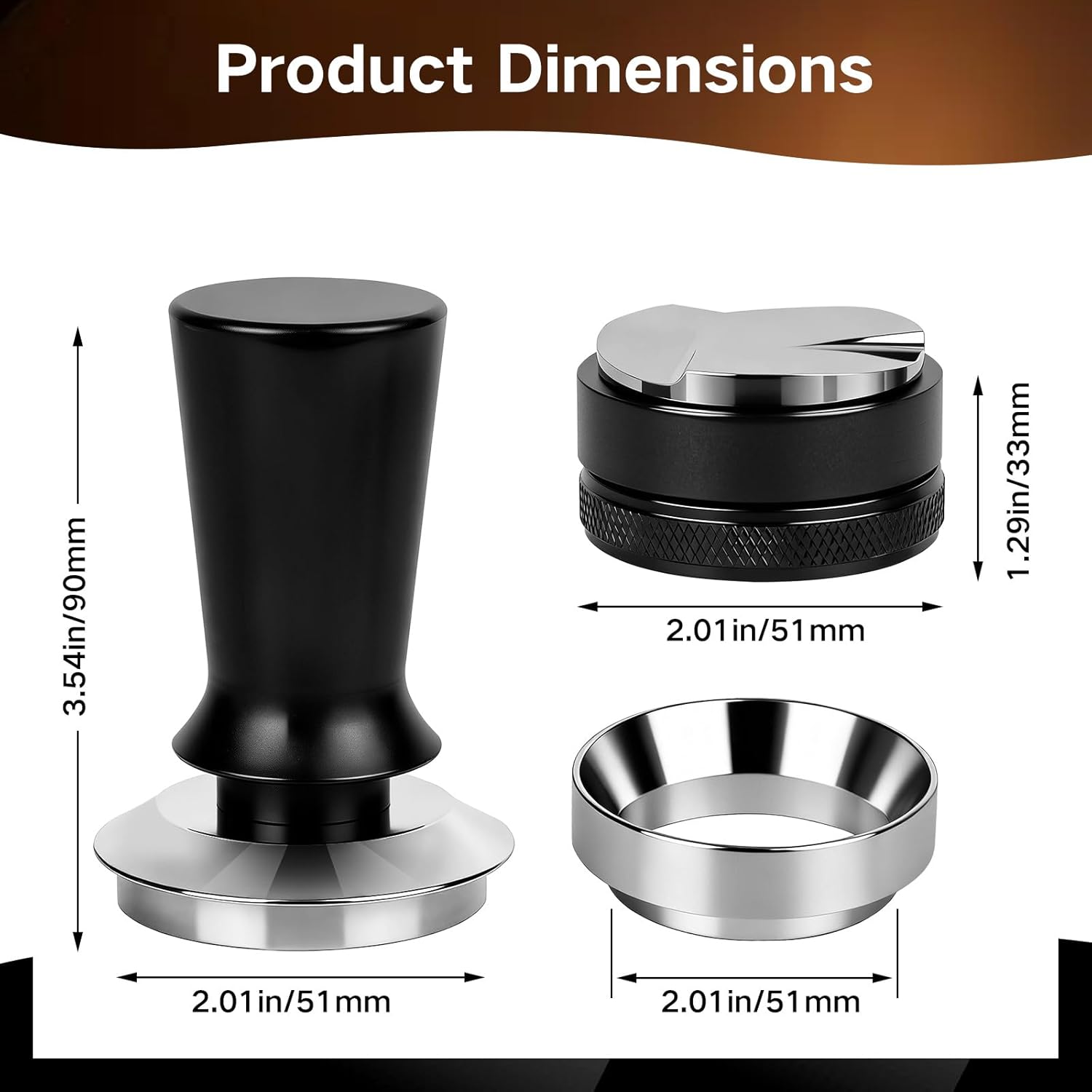 51mm Espresso Accessories Kit, 3 in 1 Complete Set with Distribution Tool, Spring Loaded Tamper & Dosing Funnel, Stainless Steel Coffee Leveler & Calibrated Tamper for Delonghi 51mm Portafilters