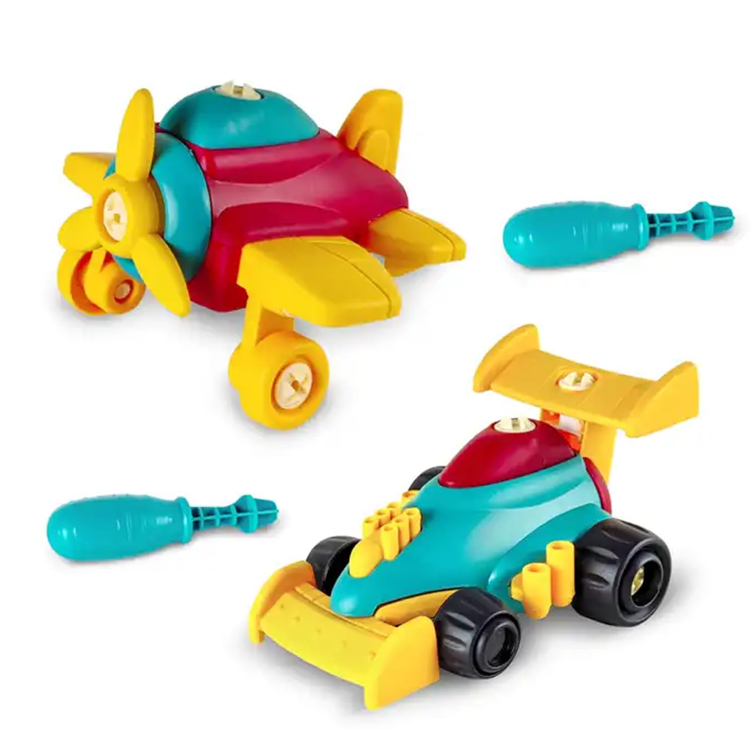 Baybee 2 Pcs Friction Powered Racing Car and Airplane With Screwdriver - Unbreakable Pullback Vehicles Push and Go Crawling Toy for Kids Tool Set Play Assemble Gift for 3+ Years Old Boys Girls