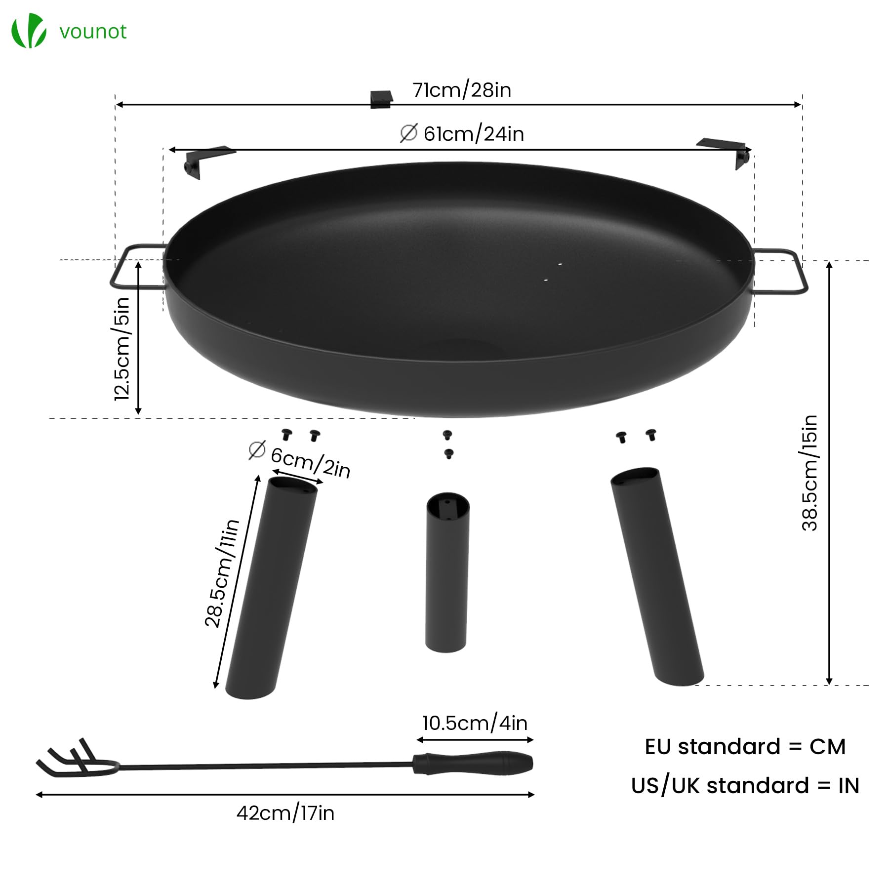 VOUNOT Braciere da Giardino Ø60 cm Metallo con Griglia e Attizzatoio, Rotondo a Legna, Nero