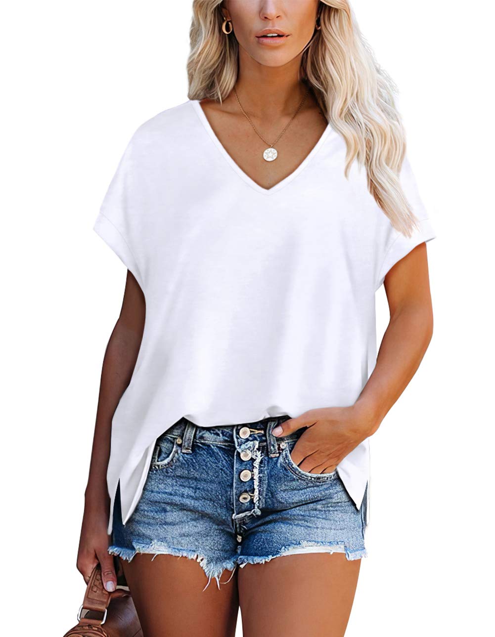 T Shirts for Women V Neck Summer Tops Ladies Extended Shoulder Tshirt