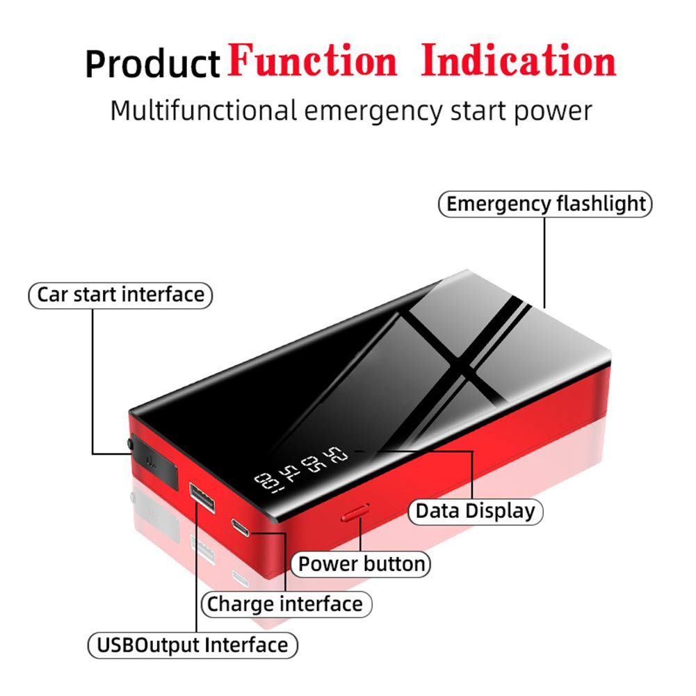 AKT Samochodowy rozrusznik 20000 mAh ładowarka akumulatora 12 V wzmacniacz silnika z wielofunkcyjnym światłem LED, czerwona