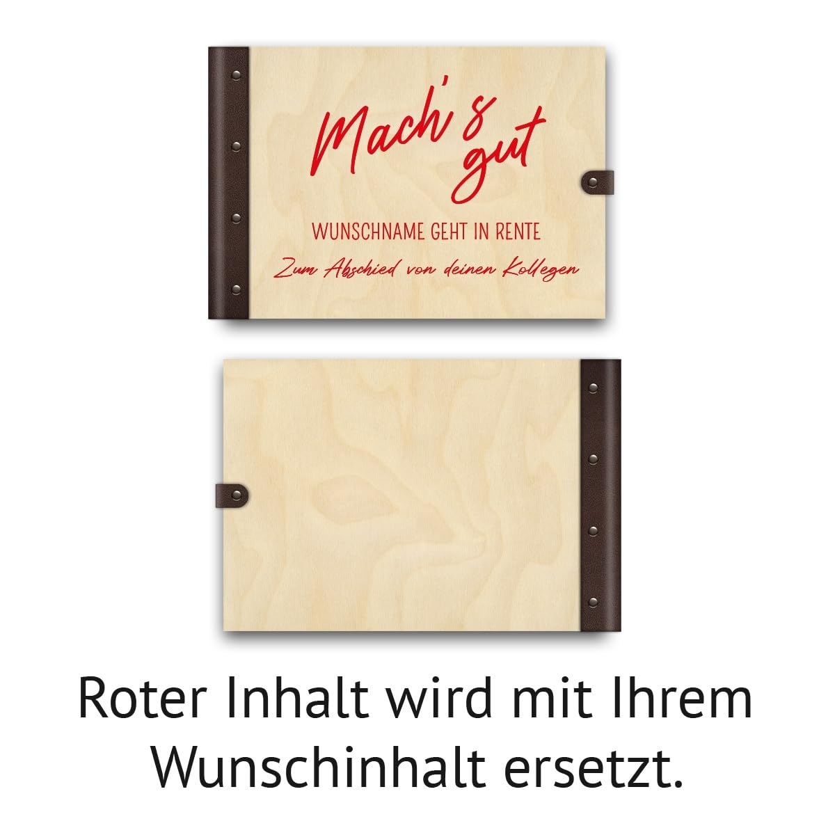 Personalisiertes Abschied Gästebuch echtes Holz DIN A4 Rente Erinnerungsbuch mit Lasergravur - Machs Gut - mit 72 Blatt / 144 Seiten Naturpapier Weiß