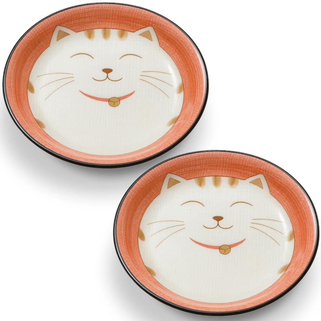Plat à sauce japonaise en porcelaine avec chat porte-bonheur souriant