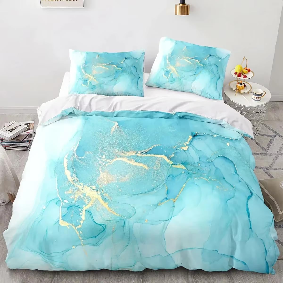 Housse de couette marbre bleu et blanc 240x220 cm king size en microfibre